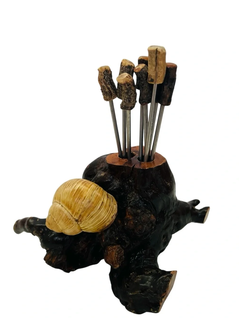 Rustic Driftwood Handmade Escargot Toothpick Holder with Shell Accent